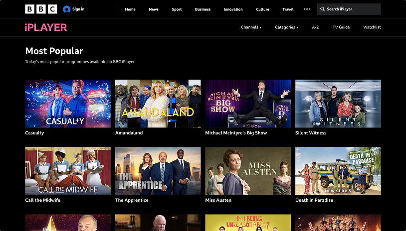 BBC iPlayer streaming service homepage